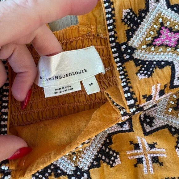 Anthropologie Teofila Embroidered Swing Dress Beaded Smocked Yellow Small - Picture 11 of 13
